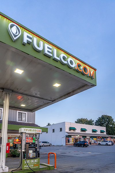 Fuelco.com gas station at dusk